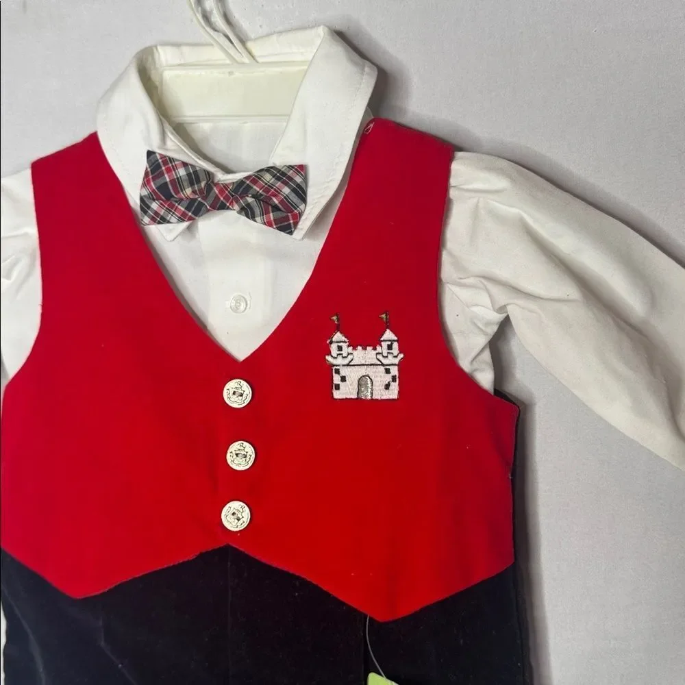 Vintage Red and Black Velvet Kids Formal Outfit with Bow Tie. Size 6-9 Months.